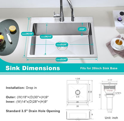 30 x 18 Inch Drop in Kitchen Sink, 18 Gauge Stainless Steel | Single Hole Single Bowl Topmount Sink with Brushed Finish, 9" Deep Extra-Large Basin for Family Kitchen, Bar and Prep Area