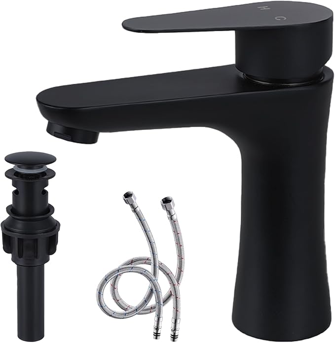 VAPSINT Black Bathroom Faucet 1 Hole, Matte Black Single Handle Bathroom Sink Faucet, Single Hole Stainless Steel Modern Vanity Faucets for Vessel RV with Water Supply Hoses and Pop Up Drain