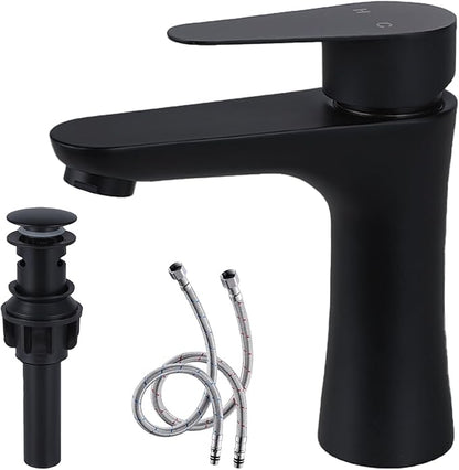 VAPSINT Black Bathroom Faucet 1 Hole, Matte Black Single Handle Bathroom Sink Faucet, Single Hole Stainless Steel Modern Vanity Faucets for Vessel RV with Water Supply Hoses and Pop Up Drain