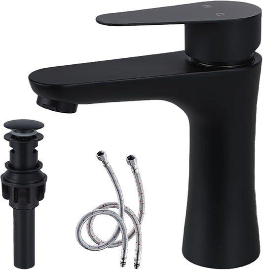 VAPSINT Black Bathroom Faucet 1 Hole, Matte Black Single Handle Bathroom Sink Faucet, Single Hole Stainless Steel Modern Vanity Faucets for Vessel RV with Water Supply Hoses and Pop Up Drain