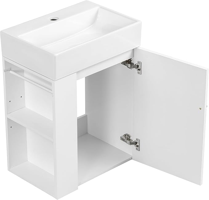 20" Floating Bathroom Vanity with Sink, Soft Closing Door,and Storage Shelves, Solid Wood Frame & MDF Modern Single Small Bathroom Vanity Cabinet with Open Shelf,Wall Mounted (White)