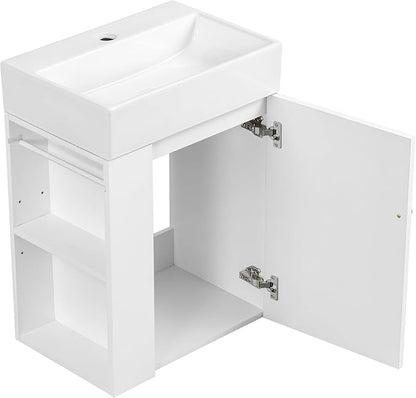 20" Floating Bathroom Vanity with Sink, Soft Closing Door,and Storage Shelves, Solid Wood Frame & MDF Modern Single Small Bathroom Vanity Cabinet with Open Shelf,Wall Mounted (White)