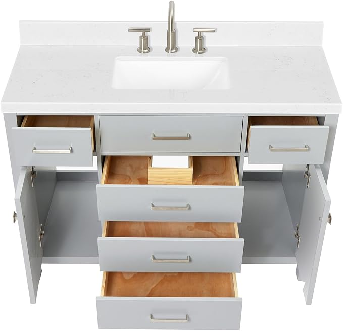 Alenza 48" Grey Bathroom Vanity with Sink, 1.5" Carrara Quartz Countertop, Single Rectangular Undermount Sink, 2 Soft-Closing Doors, 5 Full Extension Dovetail Drawers