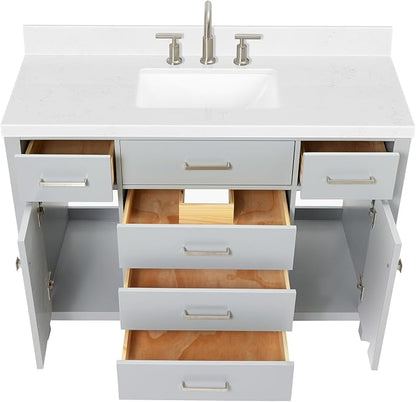 Alenza 48" Grey Bathroom Vanity with Sink, 1.5" Carrara Quartz Countertop, Single Rectangular Undermount Sink, 2 Soft-Closing Doors, 5 Full Extension Dovetail Drawers