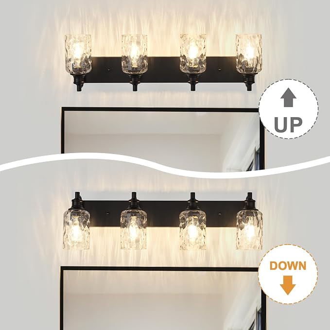 Bathroom Light Fixtures Over Mirror, 4 Lights Vanity Lights with Hammered Glass Shade, 30.8" Matte Black Farmhouse Bathroom Light Fixtures for Bedroom, Porch, Hotel, Mirror Cabinet