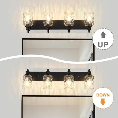 Bathroom Light Fixtures Over Mirror, 4 Lights Vanity Lights with Hammered Glass Shade, 30.8" Matte Black Farmhouse Bathroom Light Fixtures for Bedroom, Porch, Hotel, Mirror Cabinet
