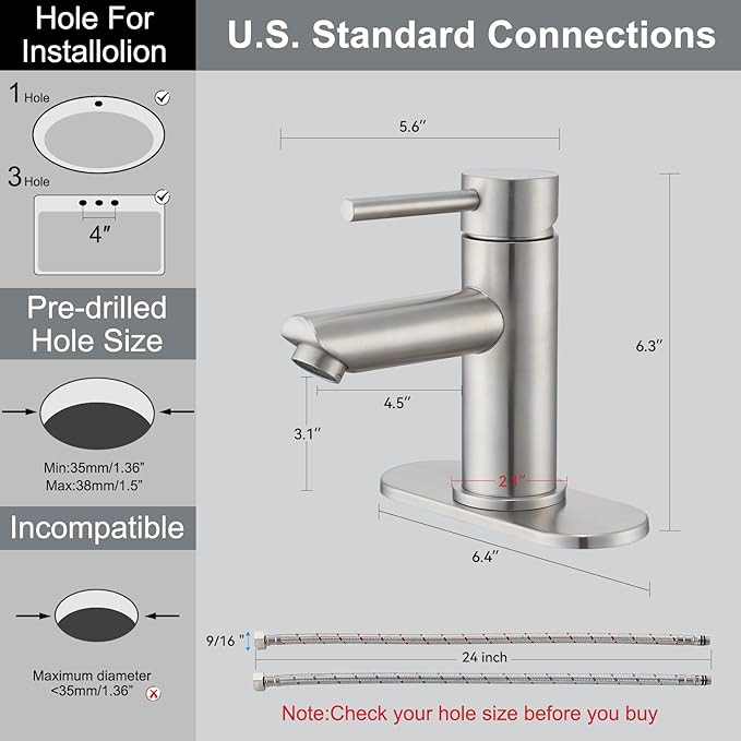 Brushed Nickel Bathroom Faucets Stainless Steel Single Handle Bathroom Sink Faucets 1 Hole or 3 Holes with Pop-up Drain for RV Vanity