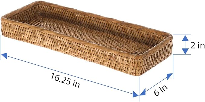 KOUBOO Rattan Vanity Tray Perfume Makeup Bathroom Organizer Honey Brown | Handwoven natural texture, slim rectangular profile, lightweight design, keeps countertop essentials neatly arranged
