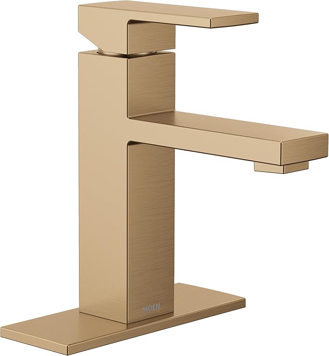 Moen Revyl Bronzed Gold One-Handle Single Hole Modern Bathroom Sink Faucet with Optional Deckplate and Spring Loaded Drain Assembly, 84771BZG