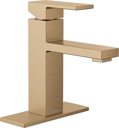 Moen Revyl Bronzed Gold One-Handle Single Hole Modern Bathroom Sink Faucet with Optional Deckplate and Spring Loaded Drain Assembly, 84771BZG