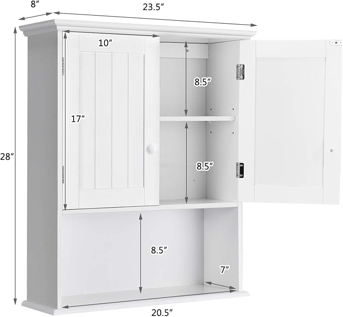COSTWAY Wall Mounted Bathroom Cabinet, Over The Toilet Storage Cabinet w/Double Doors & Adjustable Shelf, Wood Hanging Medicine Cabinet for Living Room, Entryway, Kitchen (White) | Double Doors & Adjustable Shelf, Wood Hanging Medicine Cabinet for Livi...