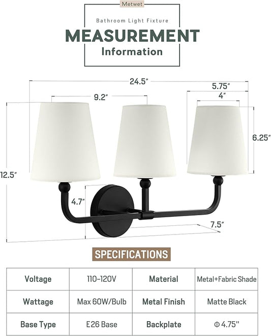 Bathroom Light Fixtures, 3-Light Matte Black Vanity Lights with Flared Beige Fabric Shade, Vintage Sconces Wall Lighting for Hallway Bedroom, VL837-MB-B-3