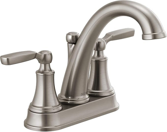 Delta Woodhurst Centerset Brushed Nickel Bathroom Faucet, 4 Inch 3 Hole Bathroom Sink Faucet for Vanity, Metal Push-Pop Drain Assembly, Stainless 2532LF-SSMPU