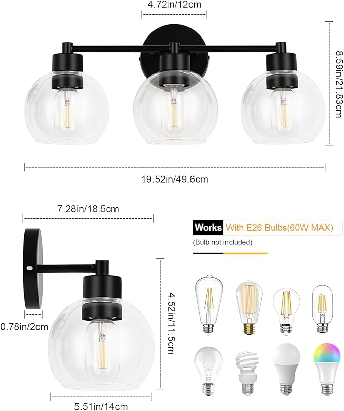 WILON Black Bathroom Light Fixtures Over Mirror, 3-Light Bathroom Vanity Light with Clear Glass Shades, Farmhouse Bath Sconce Wall Lamp with E26 Base, Wall Sconces for Bedroom, Hallway