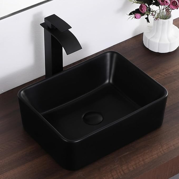 Black Vessel Sink Rectangle 16"x12" Bathroom Sink Rectangular Modern Above Counter 16 Inch Small Bathroom Sinks Matte Black Porcelain Ceramic Vessel Vanity Sink Art Basin