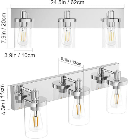 Aipsun Chrome Vanity Light for Bathroom 3 Light Farmhouse Bathroom Lights Fixtures Over Mirror with Clear Glass Shade(Exclude Bulb)