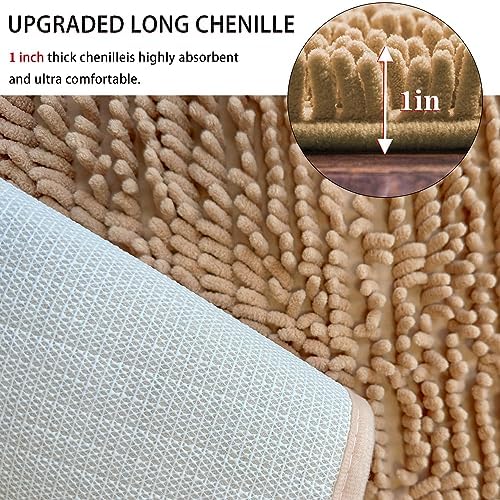 Half Round Bath Mat Beige Bathroom Rugs Semicircle Chenille Bath Rugs Water Absorbent Floor Mats for Kids Washable Bathroom Shower Mat Area Rugs (19.2" x 31.1")