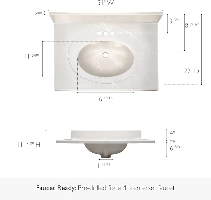Design House Single Sink Vanity Top, 31", Ivory | With Backsplash, , Countertop, Classic, Cultured Marble, Bath, 586321