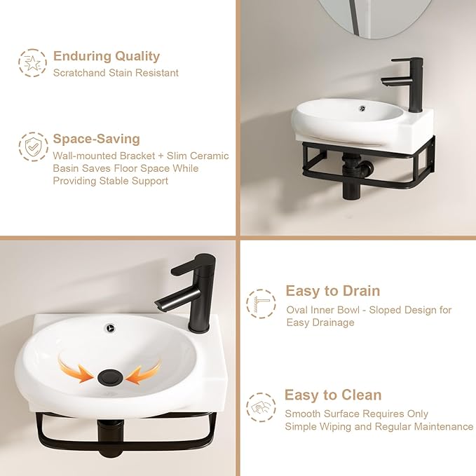 Logmey Wall Mount Bathroom Sink 16-1/2"x11" Floating Sink White Porcelain Ceramic Wall Hung Vessel Sink Wash Hand Basin with Bracket