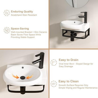 Logmey Wall Mount Bathroom Sink 16-1/2"x11" Floating Sink White Porcelain Ceramic Wall Hung Vessel Sink Wash Hand Basin with Bracket