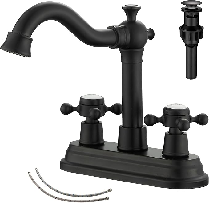 Bathroom Faucet Matte Black 2 Handles 4 Inches Centerset Black Bathroom Vanity with Drain Assembly and Supply Hose Lavatory Faucet