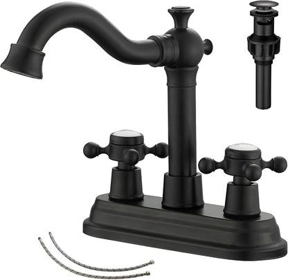 Bathroom Faucet Matte Black 2 Handles 4 Inches Centerset Black Bathroom Vanity with Drain Assembly and Supply Hose Lavatory Faucet