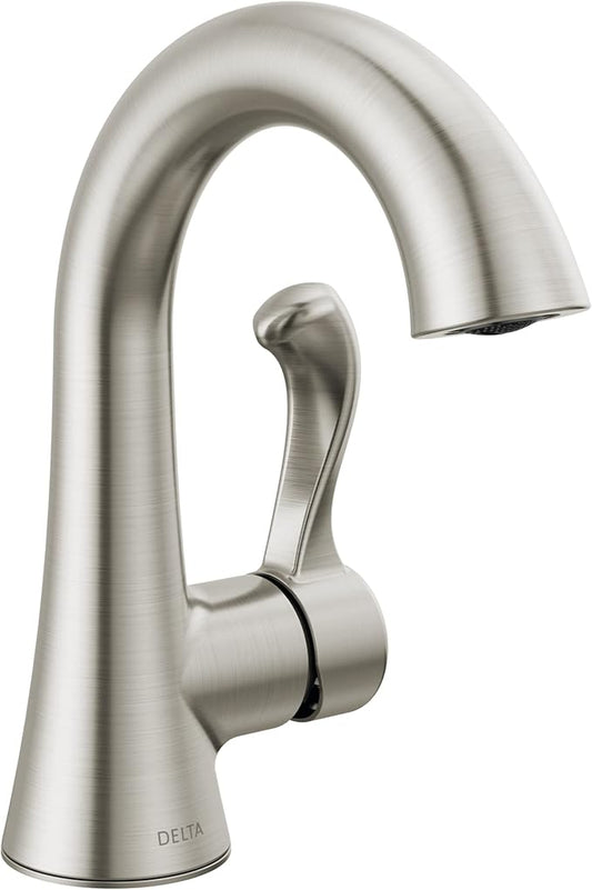 Delta Esato Brushed Nickel Bathroom Faucet 1 Hole, Single Hole Bathroom Sink Faucet for Vanity, Push-Pop Drain Assembly, SpotShield Brushed Nickel 15897LF-SP