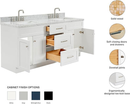ARIEL Hamlet 72-inch Bathroom Vanity with Sink,Solid Wood, 1.5-inch Italian Carrara Marble Countertop, Double Rectangular Porcelain Sink, 4 Soft Closing Doors, 3 Dovetail Drawers, White