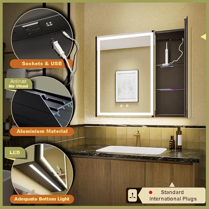 LED Lighted Bathroom Medicine Mirror Cabinet with Sockets & USBs, Anti-Fog Dimmable Light and Color Adjustment, Easy to Install Aluminum Cabinet (30 * 28 Two-Door)