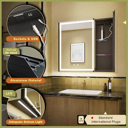 LED Lighted Bathroom Medicine Mirror Cabinet with Sockets & USBs, Anti-Fog Dimmable Light and Color Adjustment, Easy to Install Aluminum Cabinet (30 * 28 Two-Door)