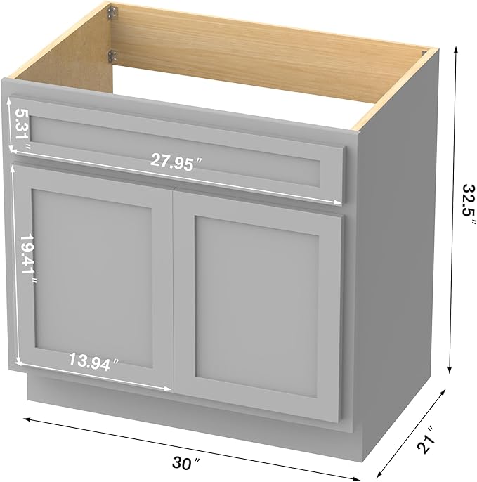 Vanity Art 30 Inch Double Shutter Door Bathroom Vanity Base Cabinet with Soft Closing Shaker Drawer, Strudy Floor Mount Storage Cabinet Organizer for Bedroom, Living Room, Kitchen, VA4030G