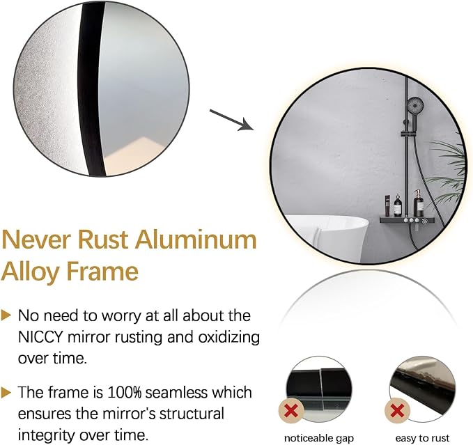 Niccy Round LED Bathroom Mirrors, Black Framed Backlit Vanity Mirror, 44" | LED Smart Circle Mirror with 3 Color Lighting, Anti-Fog Lighted, IP65 Waterproof, Wall Mounted Bathroom Vanity