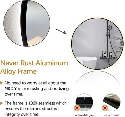 Niccy Round LED Bathroom Mirrors, Black Framed Backlit Vanity Mirror, 44" | LED Smart Circle Mirror with 3 Color Lighting, Anti-Fog Lighted, IP65 Waterproof, Wall Mounted Bathroom Vanity