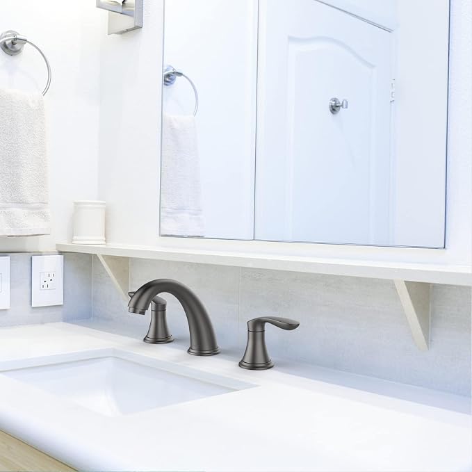 Bathroom Sink Faucet, Faucet for Bathroom Sink, Widespread Gun Grey Bathroom Faucet 3 Hole with Stainless Steel Pop Up Drain and cUPC Lead-Free Hose - (Gun Grey)