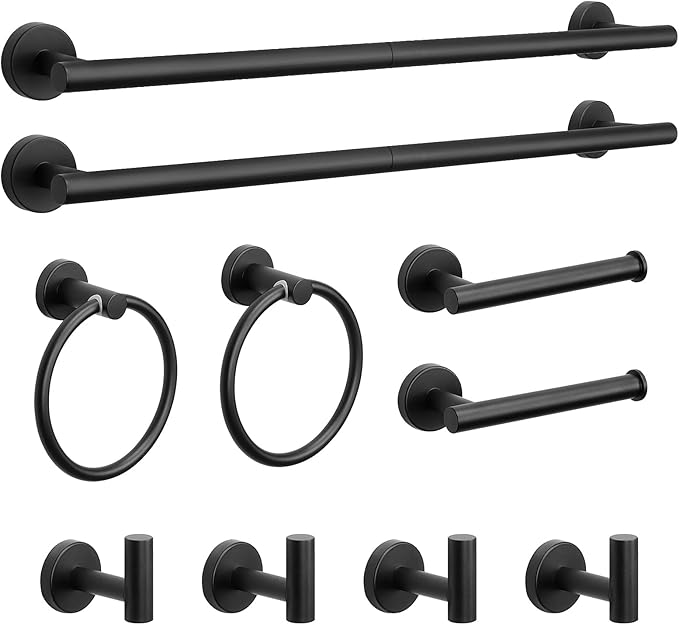 NearMoon 10 Pieces Bathroom Hardware Set SUS304 Thicken Stainless Steel-Towel Rack Kit Include 24" Towel Rod + Bath Towel Ring + Toilet Paper Holder + Robe Towel Hooks Bath Accessories (Matte Black)