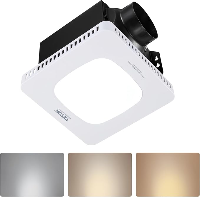 VEVOR Bathroom Exhaust Fan with LED Light, 130 CFM Bathroom Vent Three Gear Color Temp, 1.5 Sones Low-Noise, Premium AC Motor Ceiling Fan for Laundry Room, Storage Room, Home Ventilation, White