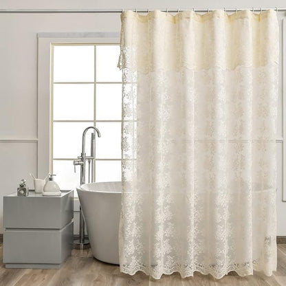 Ivory Lace Shower Curtain 72x72, Vintage Shabby Chic with Attached Valance | Fancy Shower Curtain with Scalloped, Flower Lace, Light-Filtering for Luxury Elegant Shabby Chic Bathrooms Light Beige