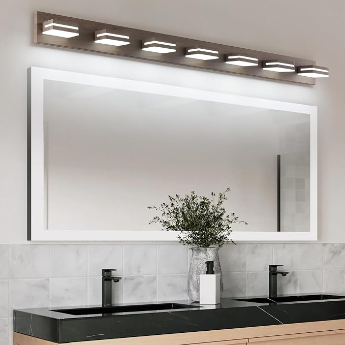 SineRise LED Modern Bathroom Vanity Light Fixtures, Modern Acrylic Bathroom Wall Lighting Fixtures Over Mirror, 7-Light, 55-Inch, Brown, 100%-0% White