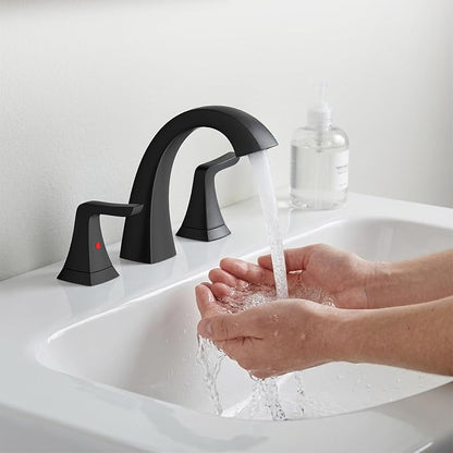 3-Hole Bathroom Sink Faucet - SR SUN RISE NSF Certified 8-inch Matte Black Faucets with Pop-up Drain Assembly, 2 Handles, 2 Water Supply Lines, Matte Black