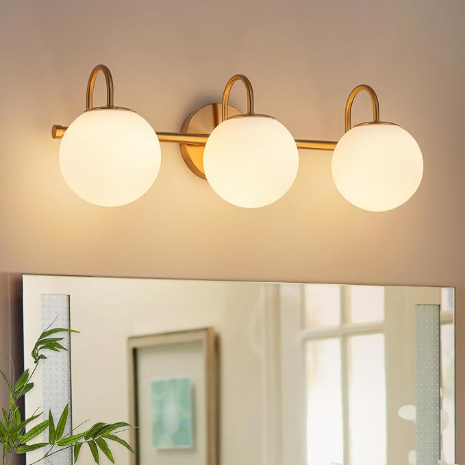 Bathroom Vanity Light, 22.6-Inch Modern Dimmable 3-Light Bathroom Light Fixture Over Mirror, Brass Finish with Frosted Glass Globe Wall Sconce