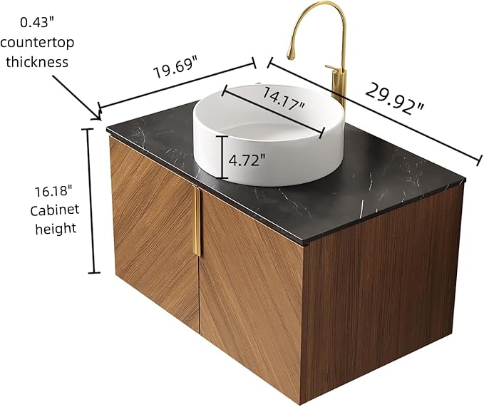 30 Inch Floating Vanity with Sink Combo, Modern Bathroom Vanity with Vessel Sink, Wall-Mounted Bathroom Vanity Cabinet with Doors, Sintered Stone Countertop and Round Basin,Brown Oak