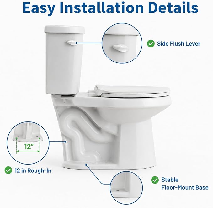 Compact 15.4 Inch Elongated Two Piece Toilet, Side Flush White Ceramic Bathroom Toilet with Soft Close Seat, 1.28 GPF Siphonic Flush, cUPC Certified, 12 Inch Rough-In