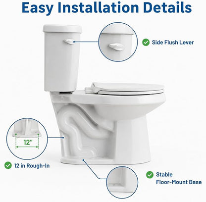 Compact 15.4 Inch Elongated Two Piece Toilet, Side Flush White Ceramic Bathroom Toilet with Soft Close Seat, 1.28 GPF Siphonic Flush, cUPC Certified, 12 Inch Rough-In