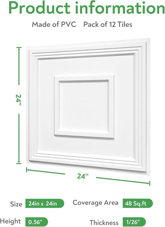 STICKGOO PVC Ceiling Tiles, 2'x2' Glue Up Ceiling Panel White to Prevent Breakage Cover 48 Sq. Ft, Pack of 12 Tiles