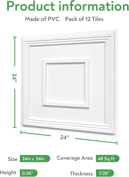STICKGOO PVC Ceiling Tiles, 2'x2' Glue Up Ceiling Panel White to Prevent Breakage Cover 48 Sq. Ft, Pack of 12 Tiles