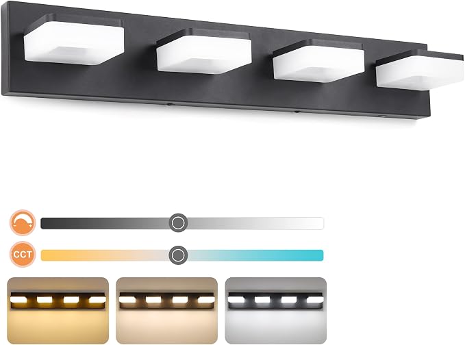 3 Colors Dimmable Black Vanity Lights for Bathroom, LED 4 Light Vanity Lighting Fixtures, Acrylic Stainless Steel Bathroom Light Fixtures over Mirror, Adjustable 3000K/4000K/6000K, 360° Rotate