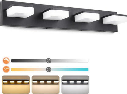 3 Colors Dimmable Black Vanity Lights for Bathroom, LED 4 Light Vanity Lighting Fixtures, Acrylic Stainless Steel Bathroom Light Fixtures over Mirror, Adjustable 3000K/4000K/6000K, 360° Rotate