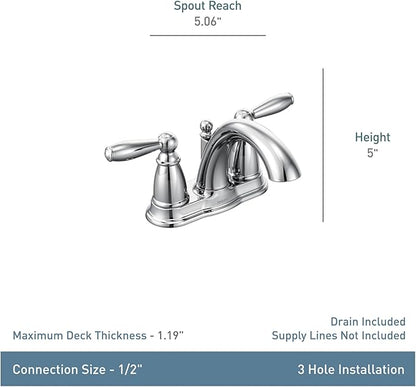 Moen Brantford Brushed Nickel Two-Handle Low-Arc Traditional Centerset Bathroom Faucet with Drain Assembly, 6610BN