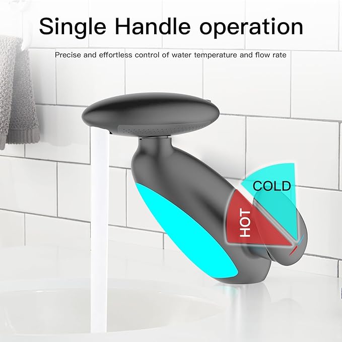 Smart Bathroom Faucet with Pull-Out Sprayer, 4 Modes Bathroom Faucet Waterfall Fountain, 360° Rotating Spout, Single Hole Modern Vanity Tap, Temperature-Sensing LED Lights (Grey)