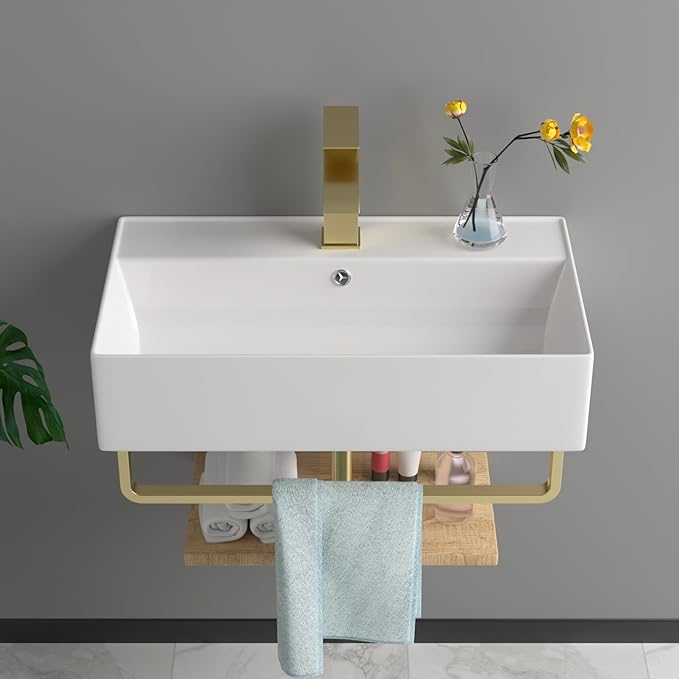 21x12 Inch Wall Mounted Vessel Sink with Gold Faucet and Drain Combo, White Ceramic Rectangle Bathroom Vanity Basin, Modern Floating Lavatory for Small Bathroom